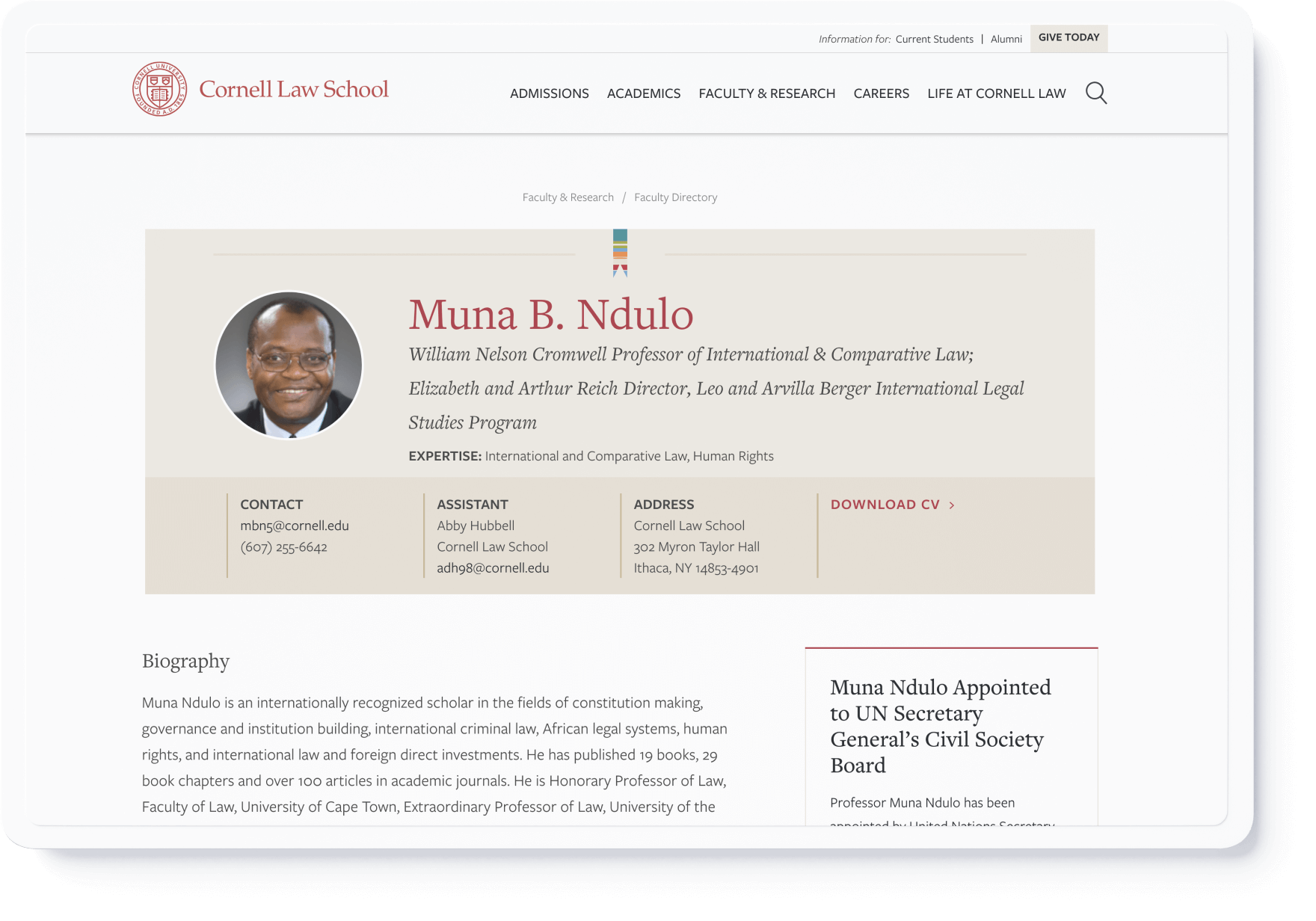 A faculty directory profile from Cornell Law School featuring a professional headshot, contact information, areas of expertise, and links to download a CV. The page design emphasizes clarity and accessibility for users seeking faculty details.