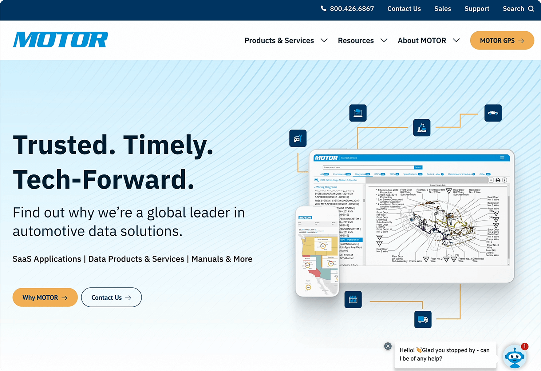 Homepage of MOTOR Information Systems' website, featuring a clean, tech-forward design with a blue and white color scheme. The page highlights MOTOR's automotive data solutions, including SaaS applications and manuals, with a call-to-action for users to learn more. A chatbot pop-up in the bottom right corner offers assistance.