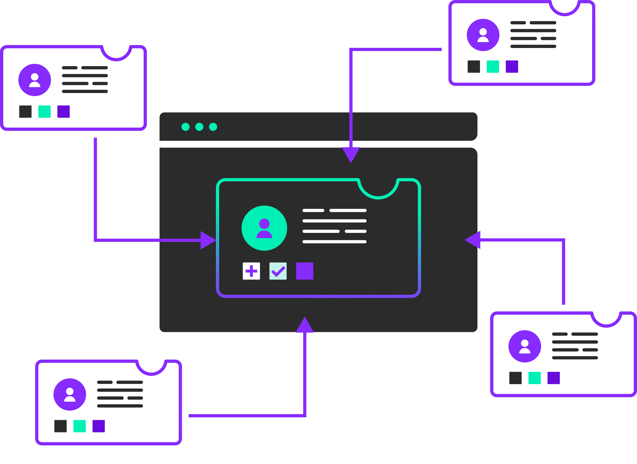 A digital illustration of a centralized provider database, with multiple physician profile cards connecting to a central profile inside a web interface, representing data consolidation.