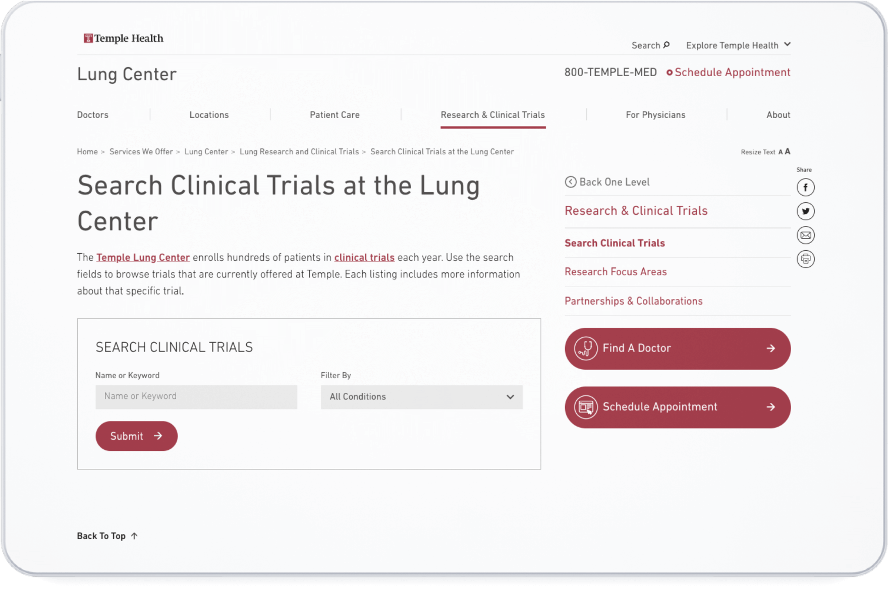 A webpage from Temple Health displaying a search interface for clinical trials at the Lung Center, with filtering options and a “Find a Doctor” button.