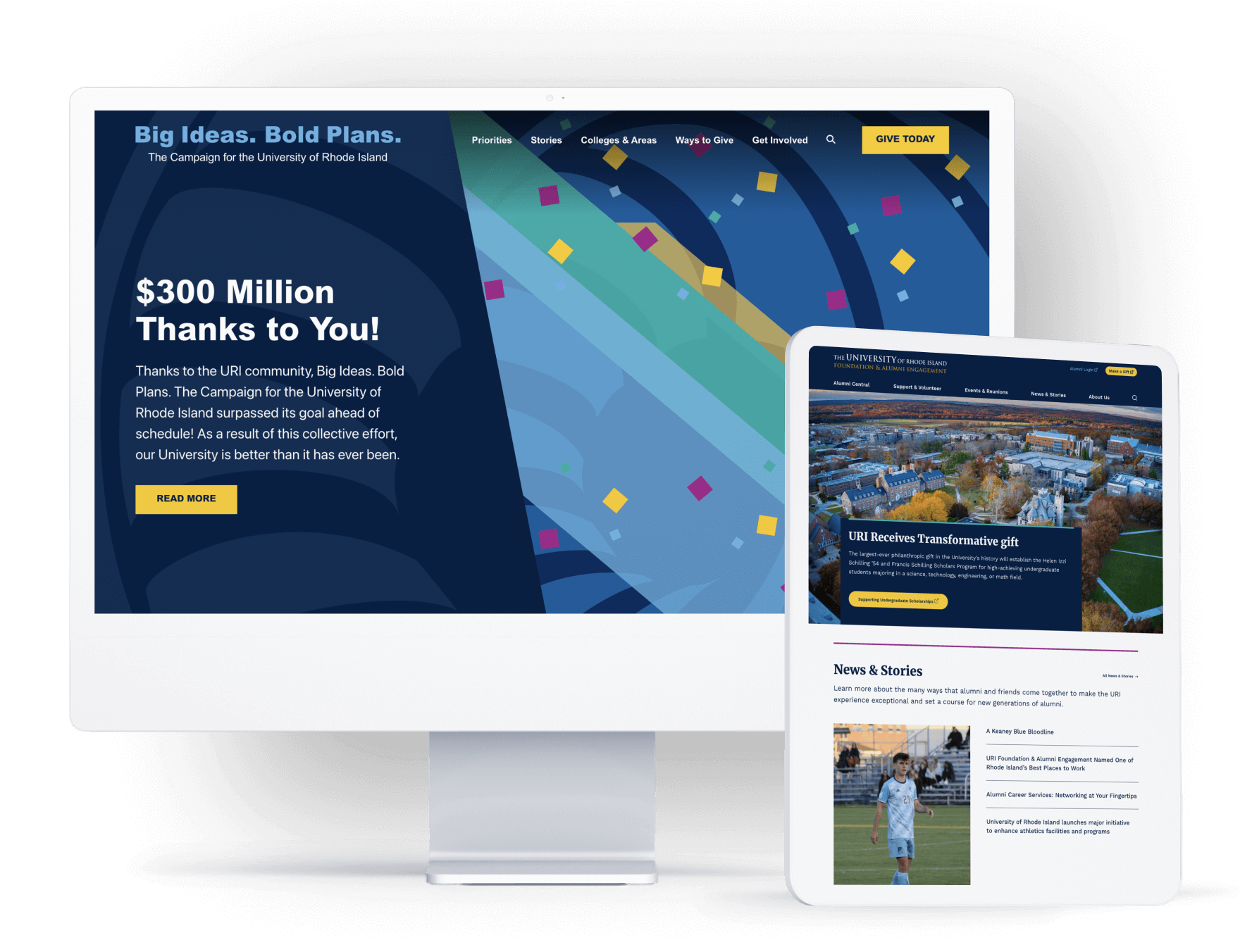 Desktop and tablet views of the University of Rhode Island fundraising website, highlighting a $300 million campaign milestone with a bold, colorful background.