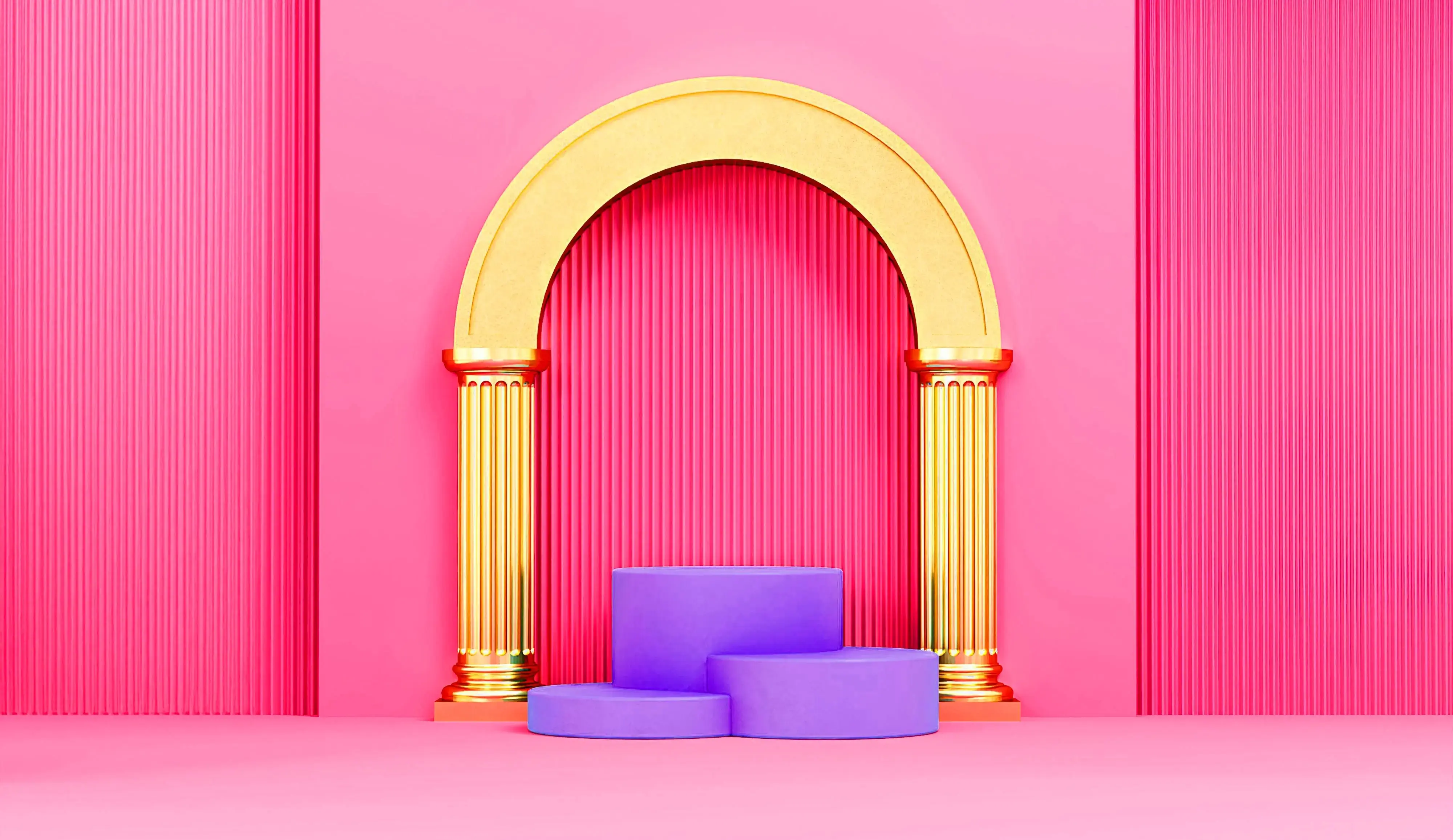 3D-rendered image of a grand golden arch with classical columns, set against a vibrant pink background, with stacked purple platforms in the foreground.