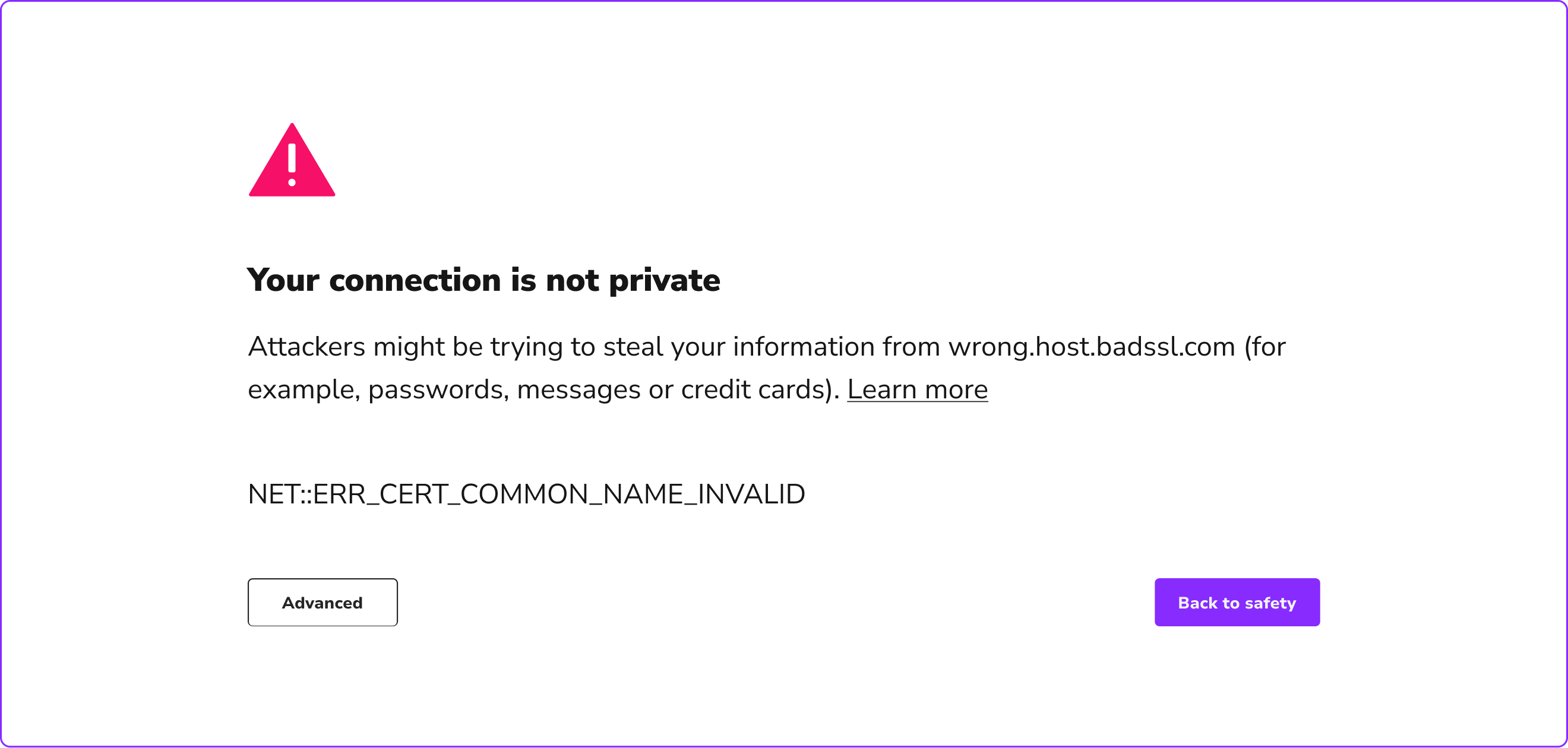 A website security warning message indicating 'Your connection is not private,' warning users about a missing or invalid SSL certificate, with a 'Back to safety' button in purple.