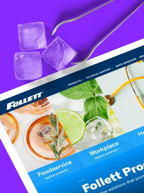 the Follett website on tablet with three ice cubes and tongs above it