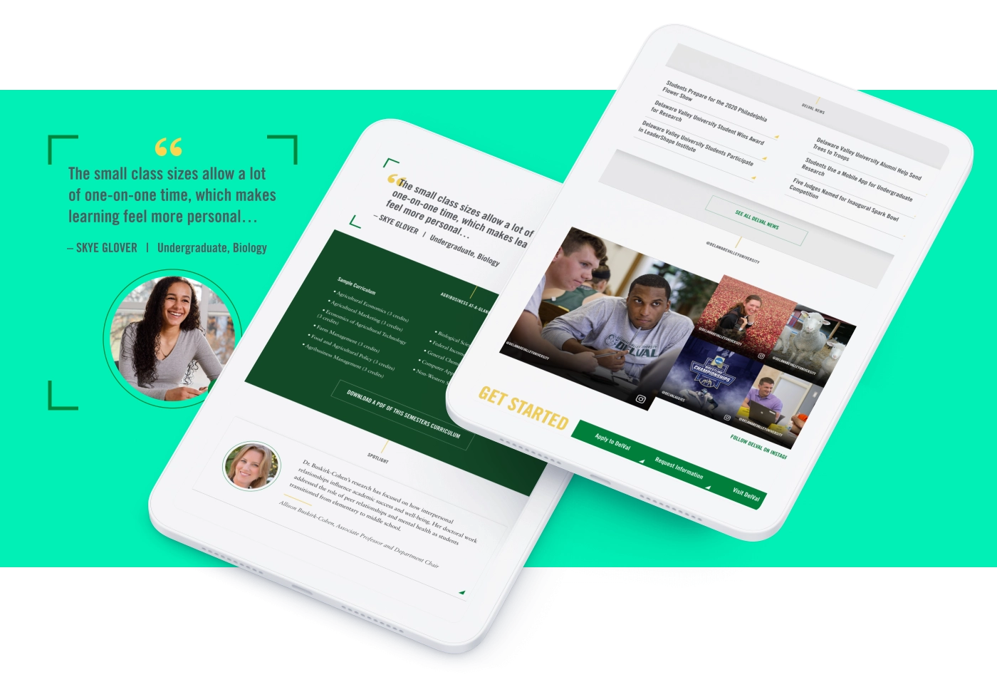 Two tablets show web pages featuring Delaware Valley University's program information, and a student quote describing the benefits of small class sizes