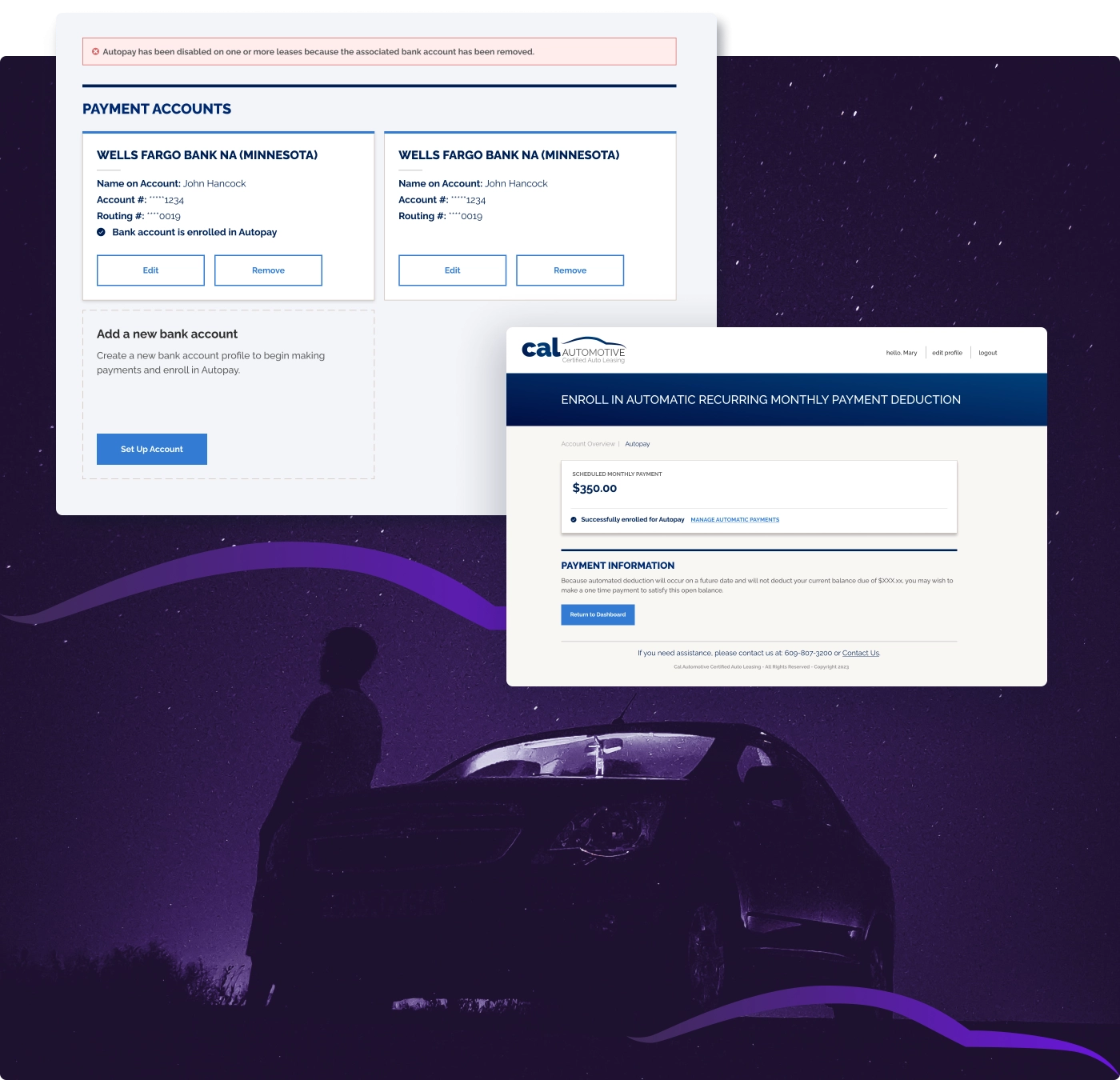Desktop screenshots of Bank Account Dashboard overlaid on artistic silhouette of person leaning on a vehicle in on a starry night