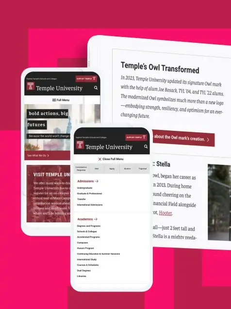 Mock ups and Temple University redesign and branding with views of homepage, navigation, and content layout on mobile & tablet