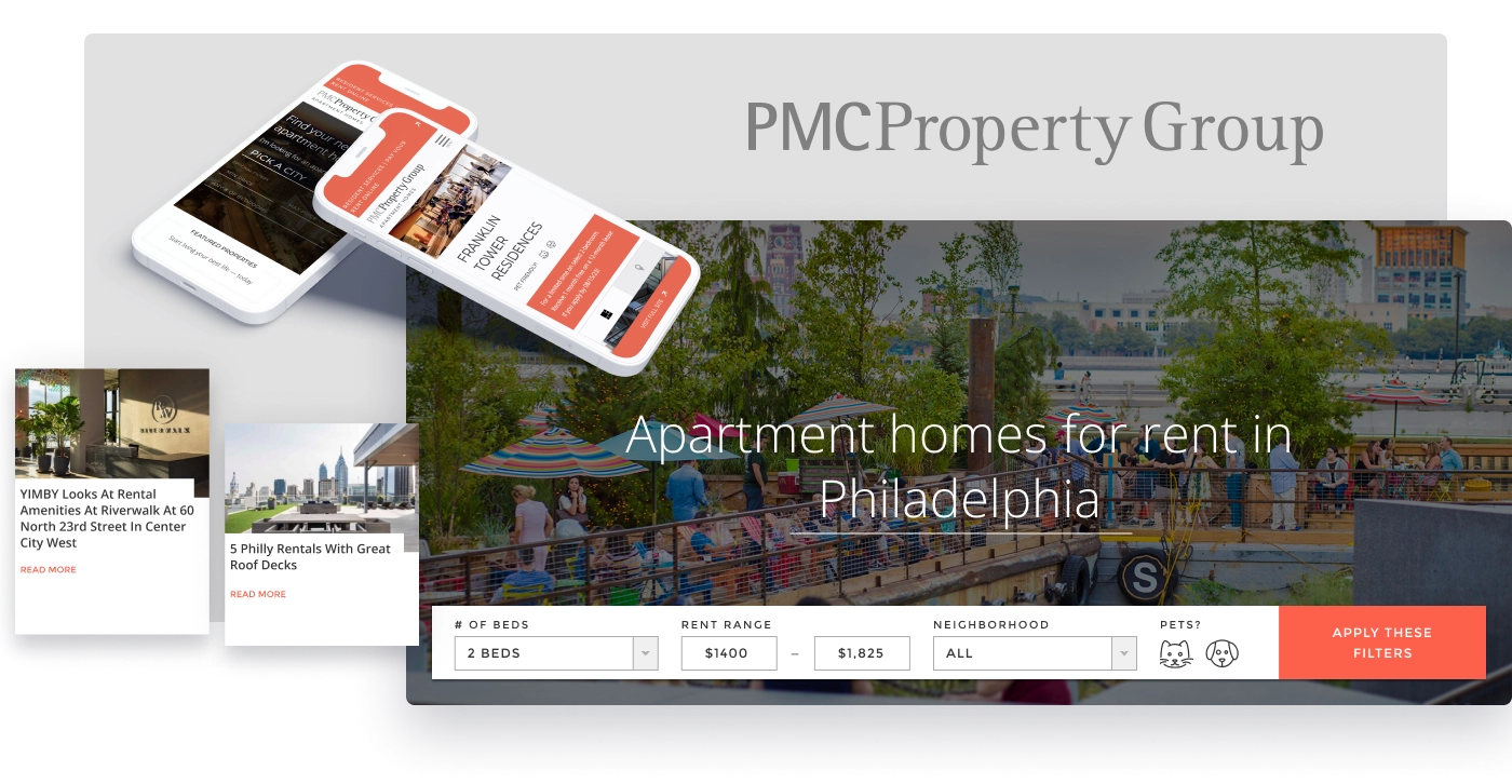 Screenshot from PMC Property Group showing the new homepage design as well as two mobile devices showing other pages