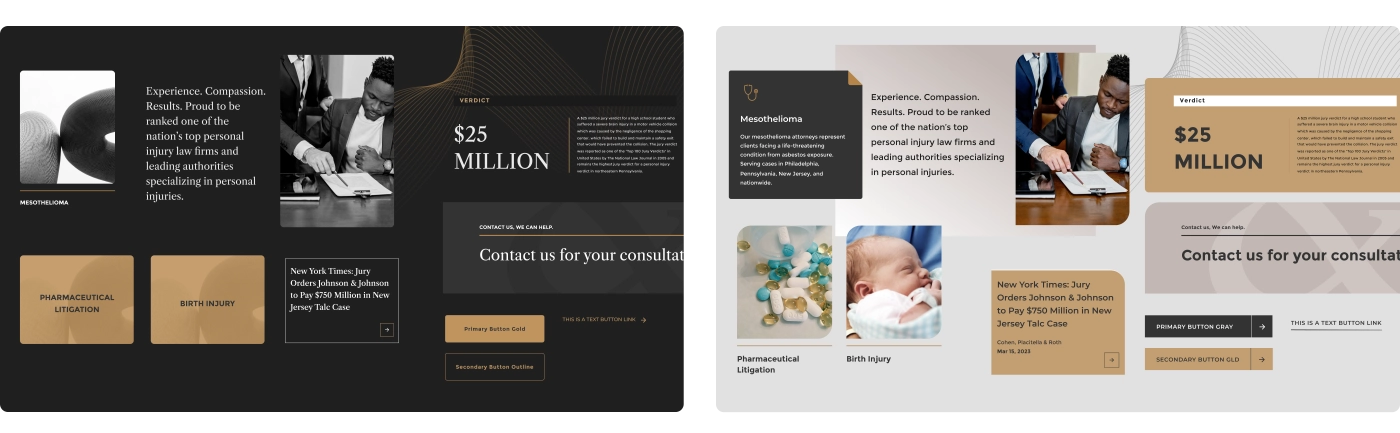 Sample exploratory designs of a landing page in two color palettes: one dark themed and one light themed