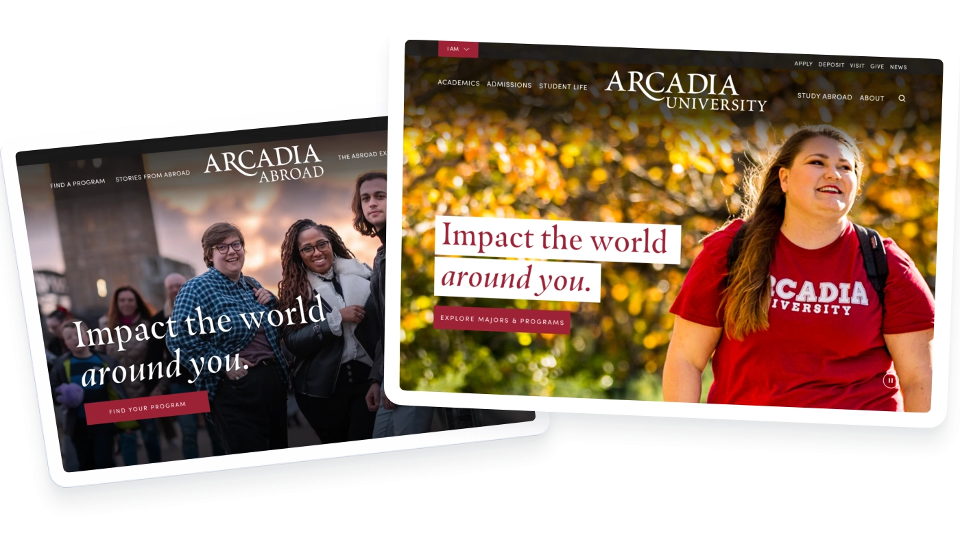 Redesign of the Arcadia University website as seen on two tablets