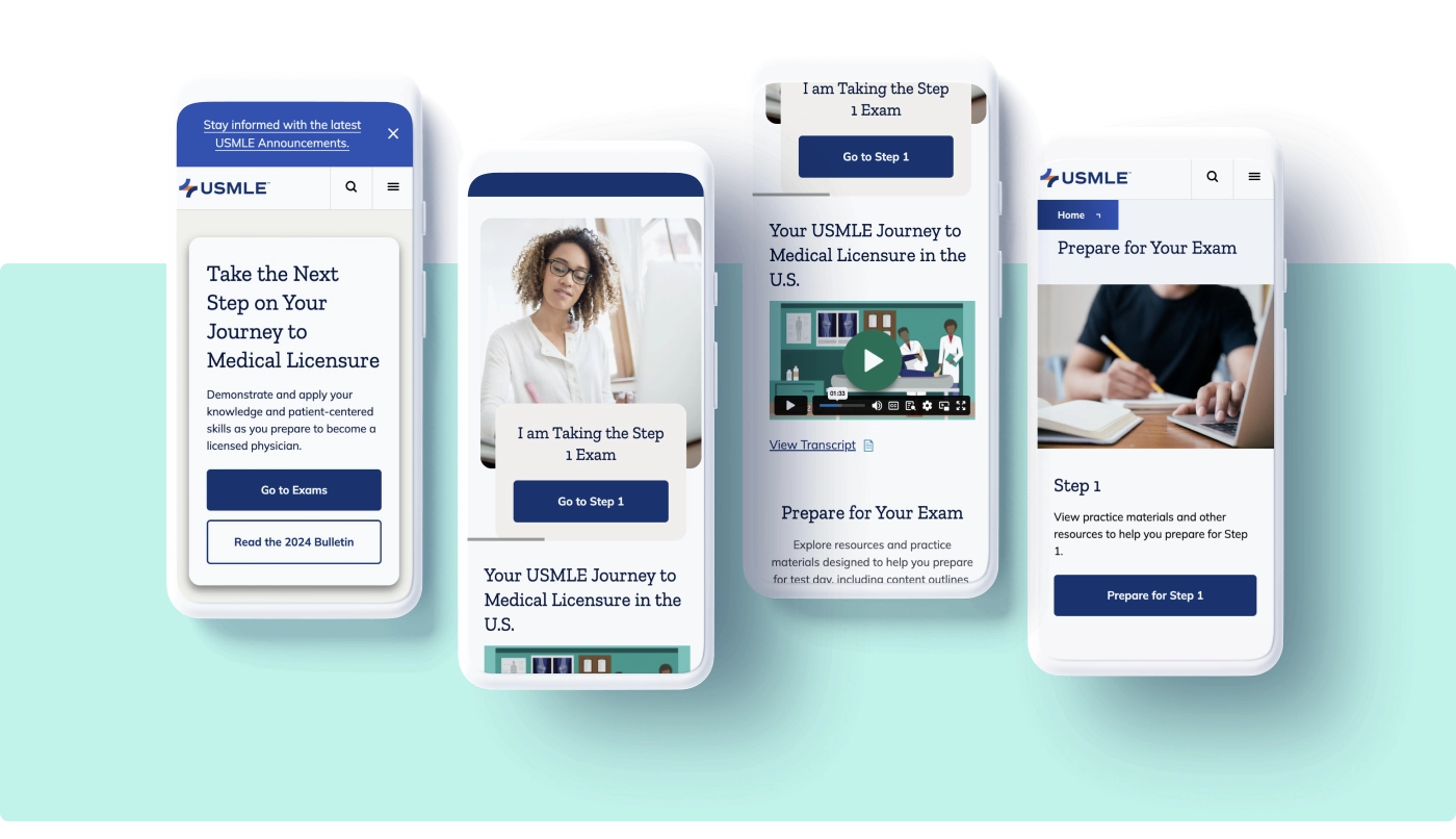 USMLE as seen on mobile devices with clear calls to acion and steps outlined by UX redesign