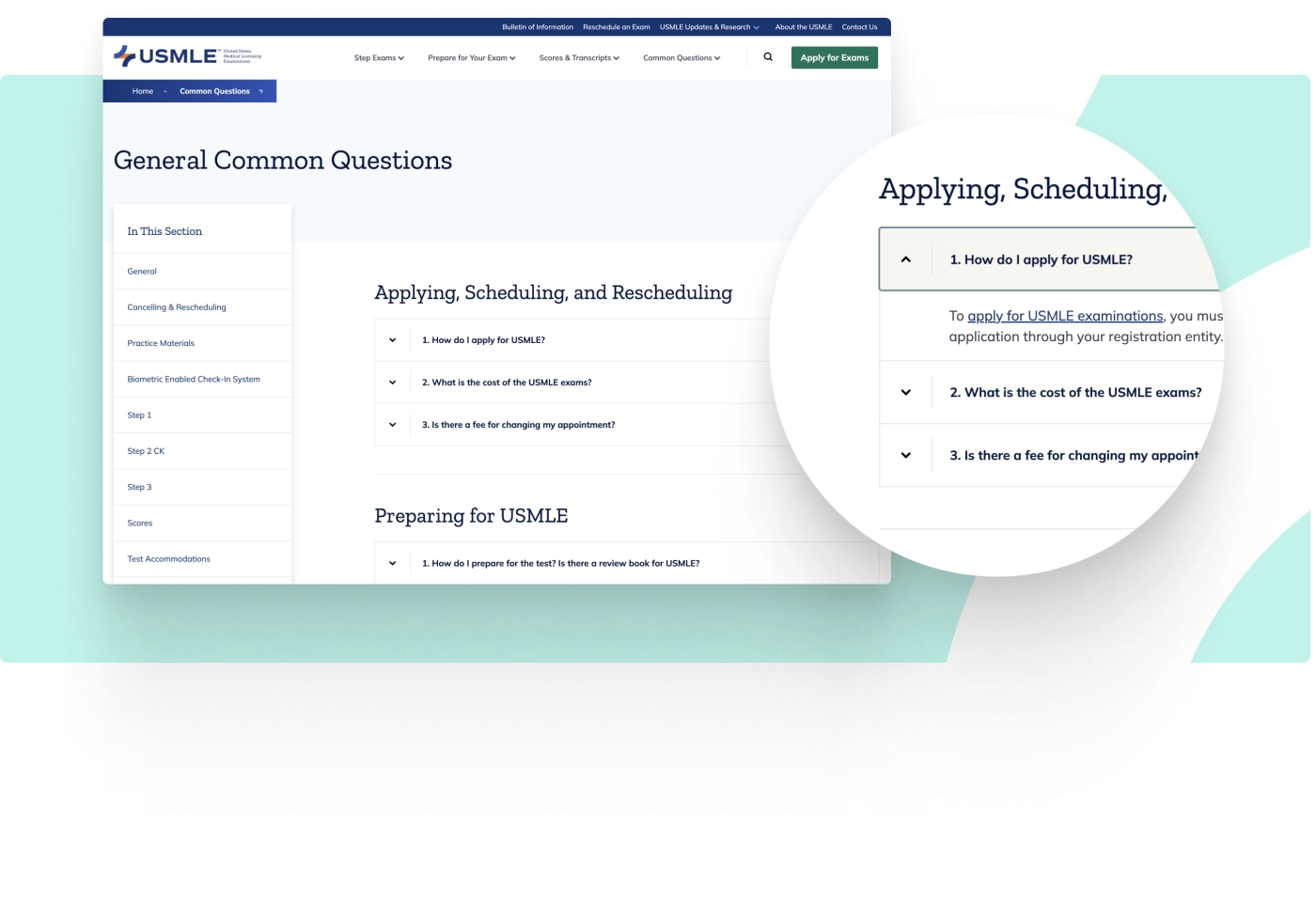 Frequently Asked Questions landing page showing new accordion design component that reorganized information in a more digestible form