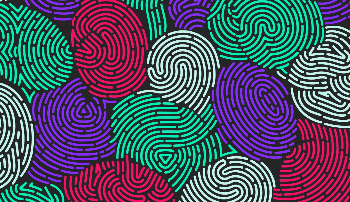 a collage of fingerprints in green, red, purple, and tan colors on a black background