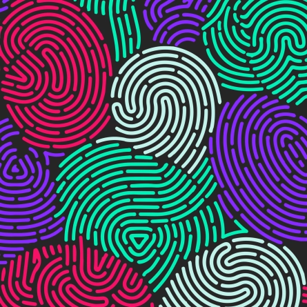 a collage of fingerprints in green, red, purple, and tan colors on a black background