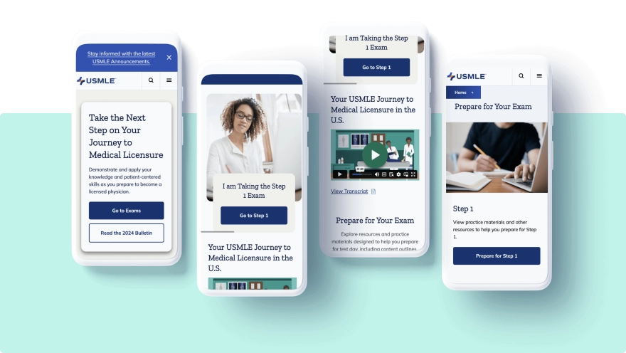 4 mobile phones with examples of CTA on the USMLE website
