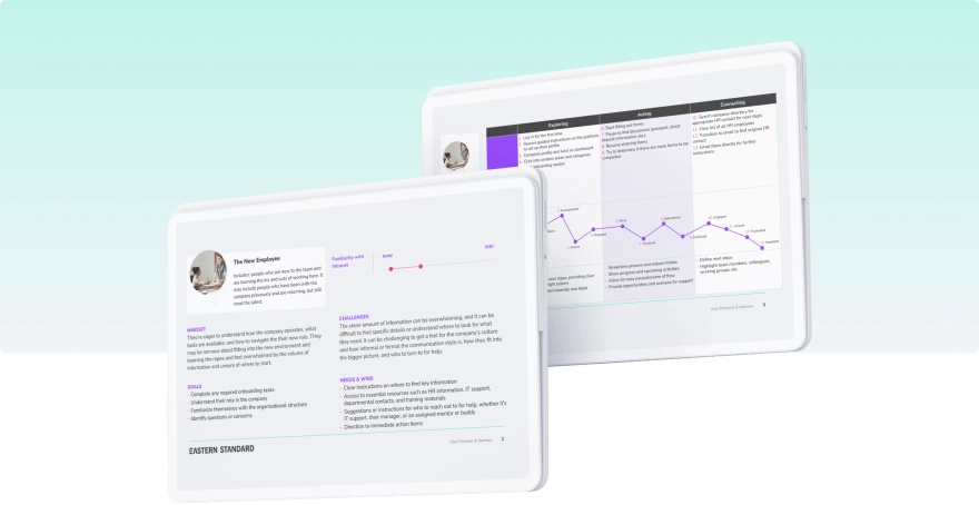 Two tablets: first displays a User Persona profile of a New Employee with lists under the categories of Mindset, Goals, Challenges, Needs & Wins. Second table features a table with these column headers: Exploring, Acting and Connecting.