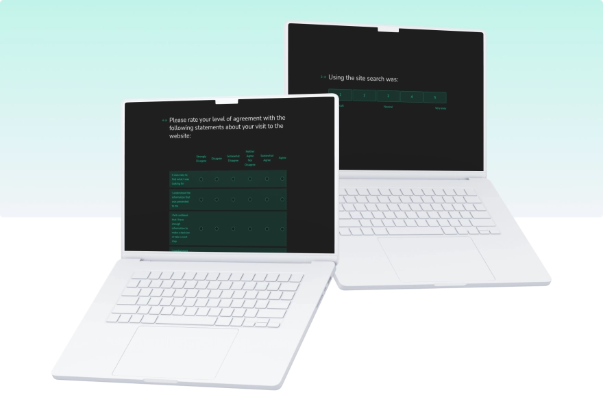 Two laptops with surveys, First Survey Question: Please rate your level of agreement with the following statements about your visit to the website; Second Survey Question: Using the site search was: 1 (very difficult), 2, 3 (neutral), 4, 5 (very easy).
