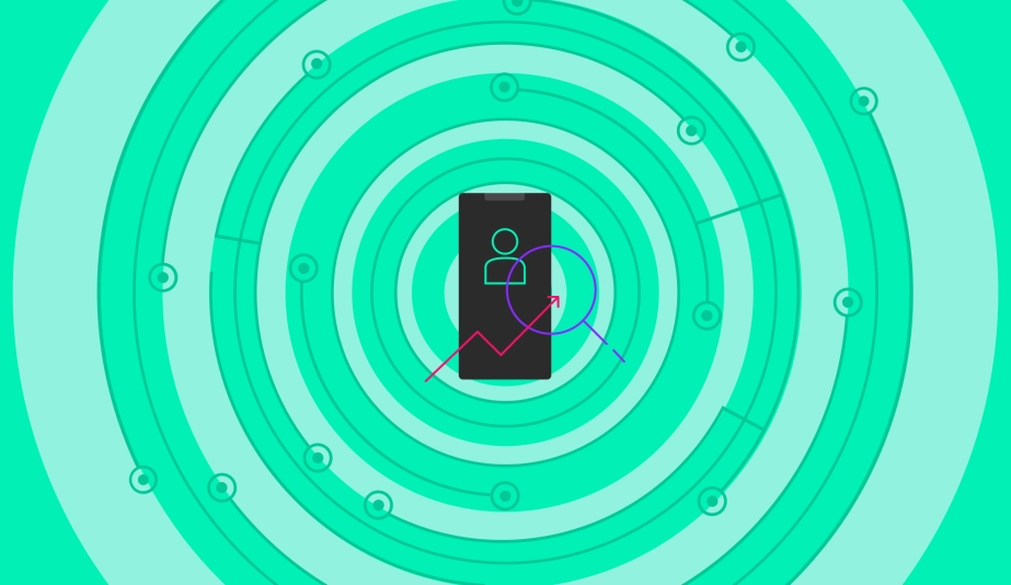 A mobile phone infographic with a person icon and overlapping red arrow pointing into the center of a purple looking glass. The phone image is surrounded by green circuit circles.