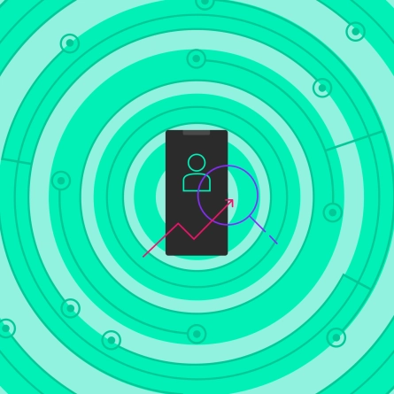 A mobile phone infographic with a person icon and overlapping red arrow pointing into the center of a purple looking glass. The phone image is surrounded by green circuit circles.