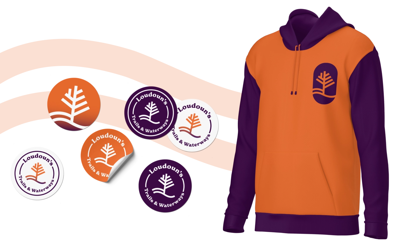 Examples of swags with the Loudoun’s Trails & Waterways logo: stickers and a hoodie