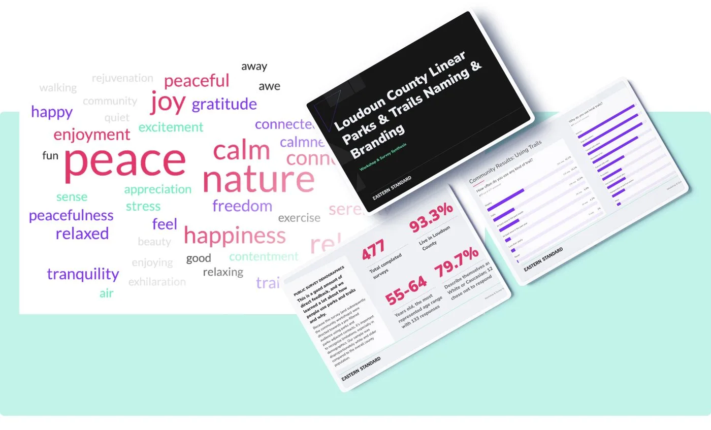 Highlights from Surveys for Loundoun County Linear Parks & Trails Naming & Branding conducted by Eastern Standard and a wordle with prominent words being peace, nature, calm, joy, and happiness.