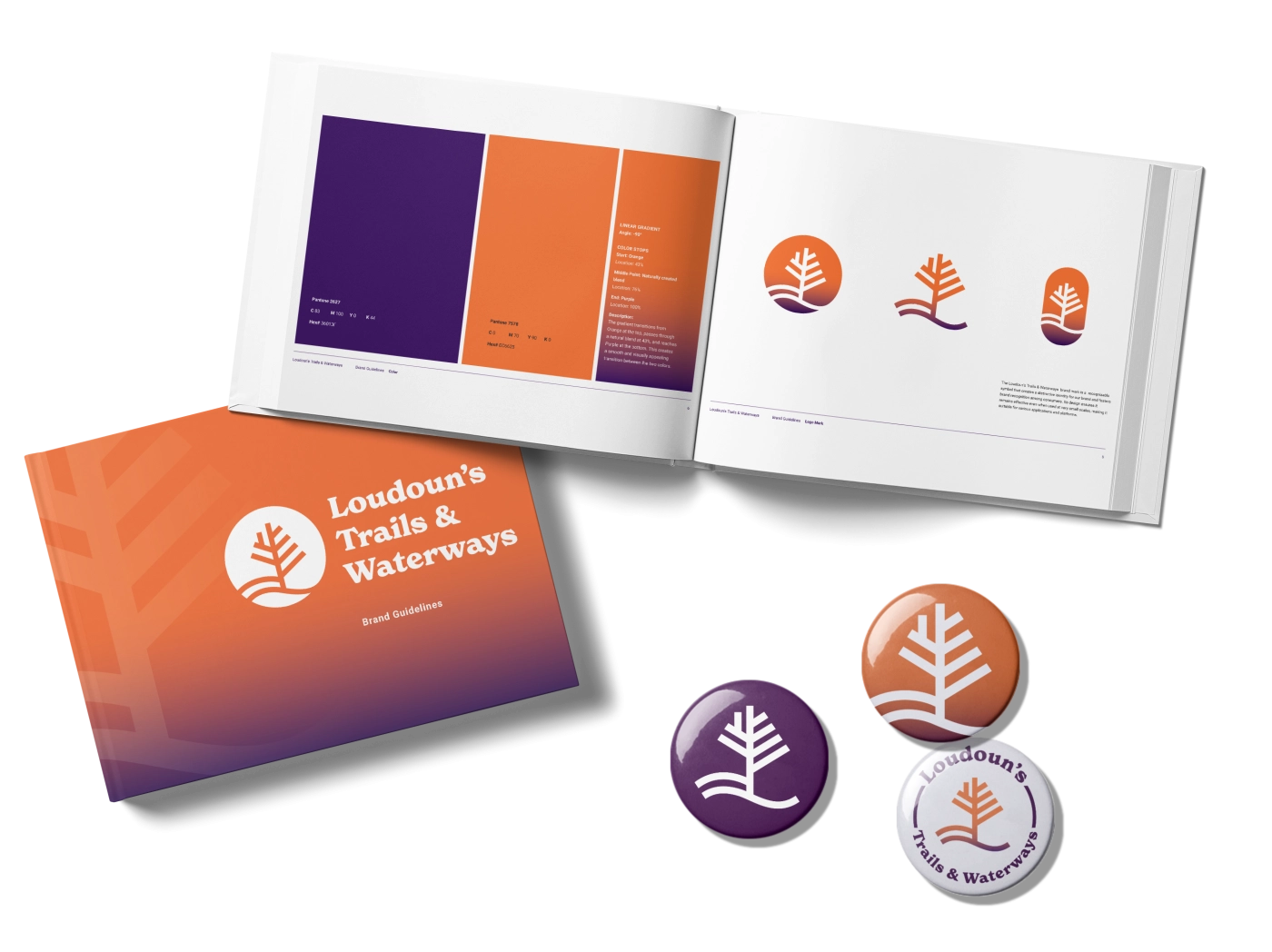 Two copies of the Loudoun’s Trails & Waterways Brand Guidelines book, one book is closed, the other is opened in the middle, showing the logos and color samples. Three logo buttons, each a different color (purple, brown, and white).