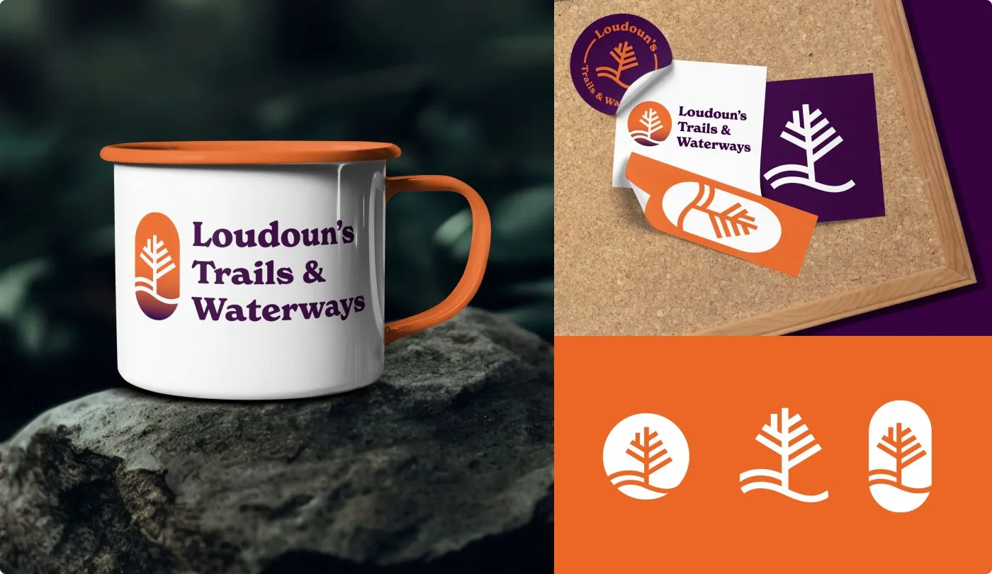 Examples of swags with the Loudoun’s Trails & Waterways logo: a mug on a rock, stickers on a cork board, etc.