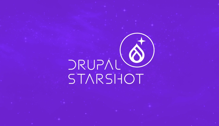 Logo for Drupal Starshot, featuring a stylized Drupal droplet icon with a star above it, on a purple, starry background.