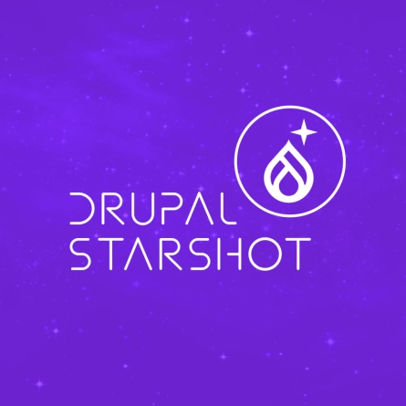 Logo for Drupal Starshot, featuring a stylized Drupal droplet icon with a star above it, on a purple, starry background.