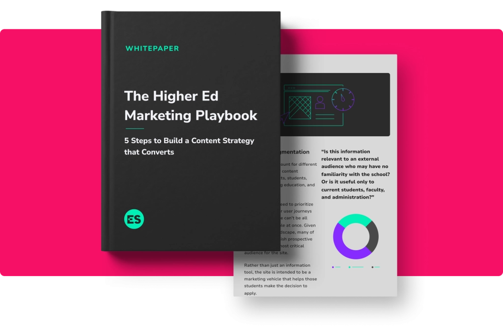 ES White Paper: The Higher Ed Marketing Playbook: 5 Steps to Build a Content Strategy that Converts - a book cover with a page highlight: “Is this information relevant to an external audience who may have not familiarity with the school? Or is it useful only to current students, faculty, and administration?”