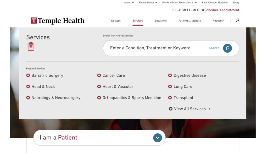 Temple Health Top Navigation Services menu with featured services categories (child menu items), such as Bariatric Surgery, Cancer Care, etc.