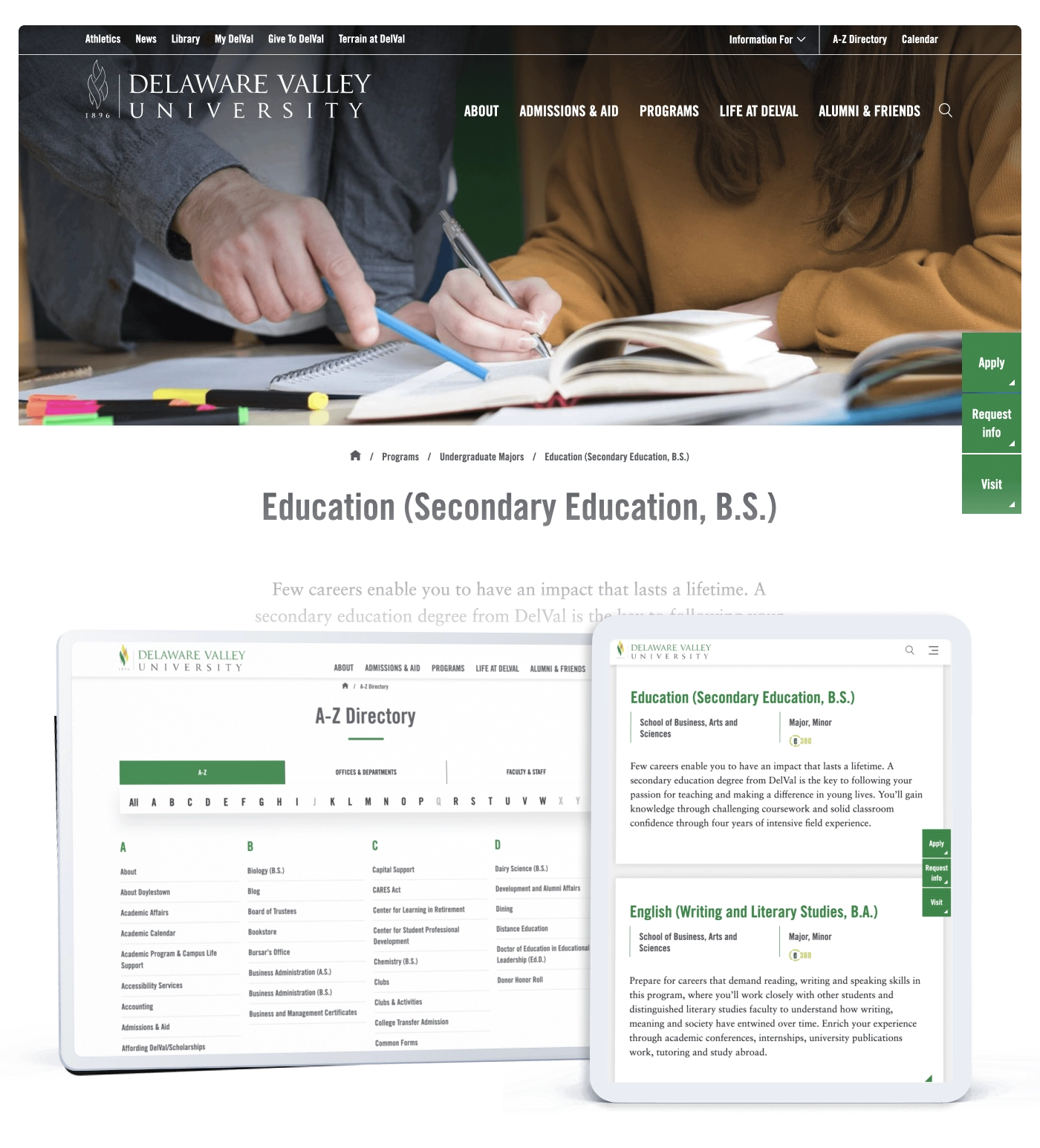 A screenshot of Delaware Valley University’s website highlighting the Secondary Education program page, alongside two digital tablet mockups displaying an A-Z directory and detailed program information. The image conveys streamlined navigation and access to academic content for prospective students.