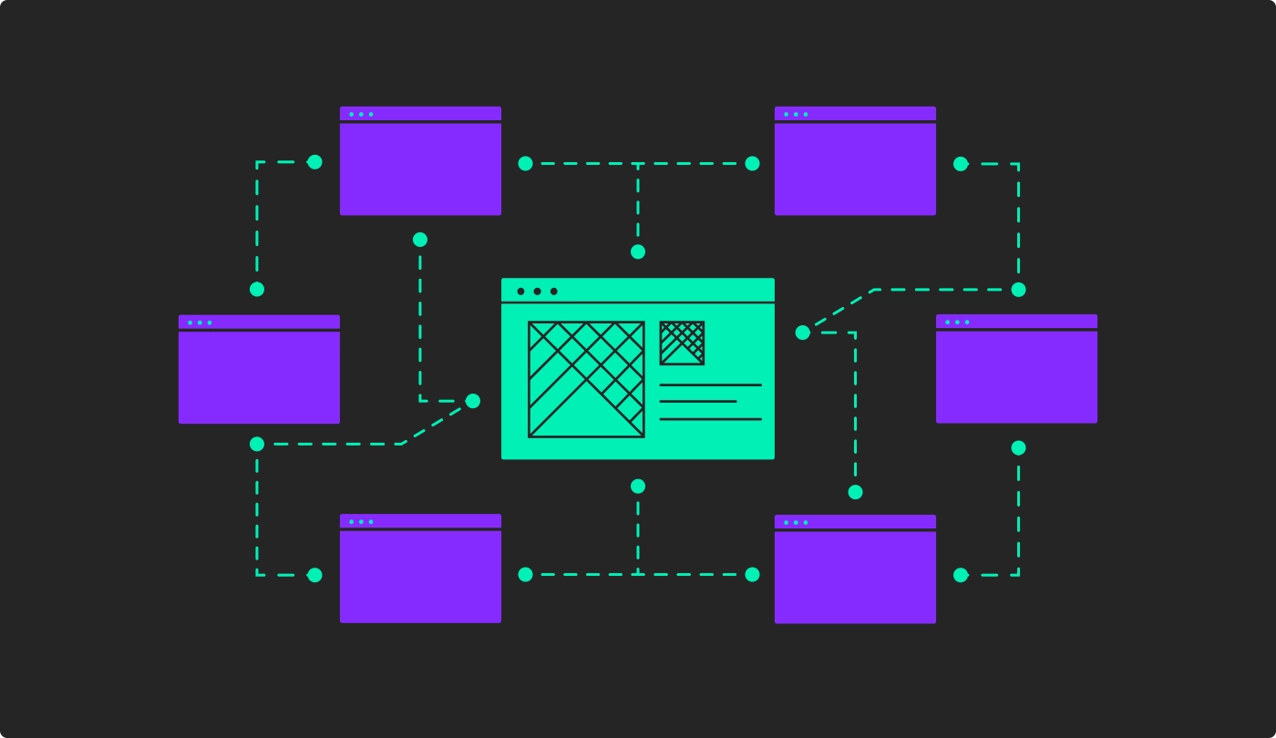 Diagram illustrating a multi-site approach to franchise website design, showing a central site connected to multiple individual sites via dotted lines, representing a shared framework that ensures consistency and simplifies development across the network.