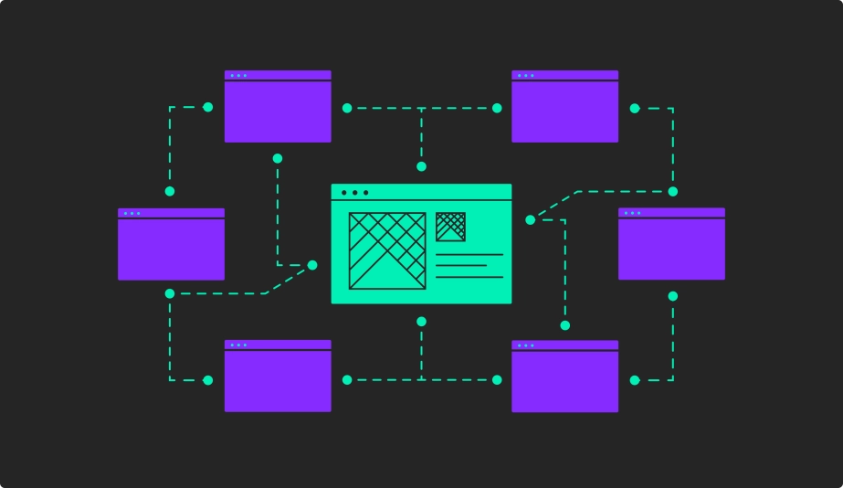 Diagram illustrating a multi-site approach to franchise website design, showing a central site connected to multiple individual sites via dotted lines, representing a shared framework that ensures consistency and simplifies development across the network.