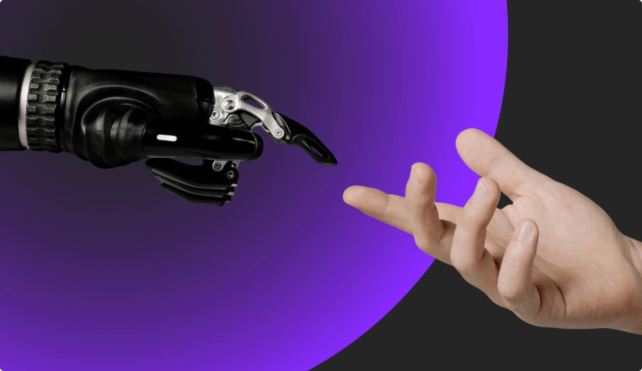 A robotic hand and a human hand reaching toward each other against a purple and black gradient background, symbolizing the intersection of artificial intelligence and human creativity.