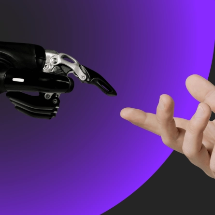 A robotic hand and a human hand reaching toward each other against a purple and black gradient background, symbolizing the intersection of artificial intelligence and human creativity.