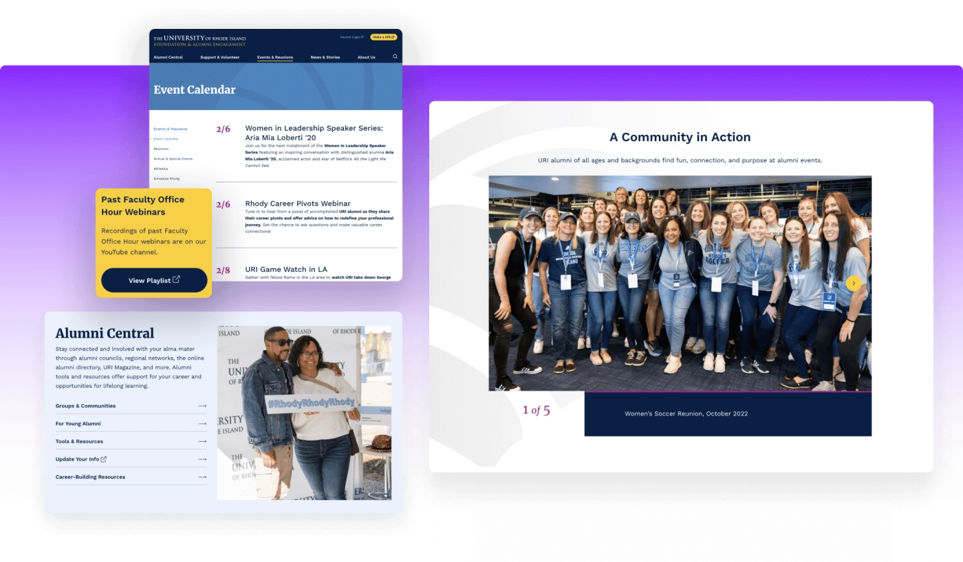 An alumni engagement webpage featuring event listings, past webinar recordings, and community photos from URI alumni gatherings.