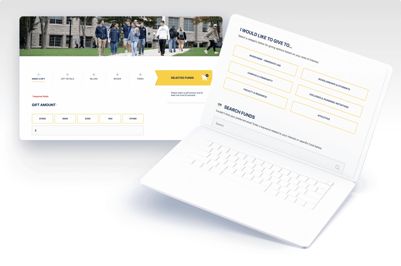 A donation page mockup with options for selecting gift amounts and funding categories, including scholarships, athletics, and faculty research.