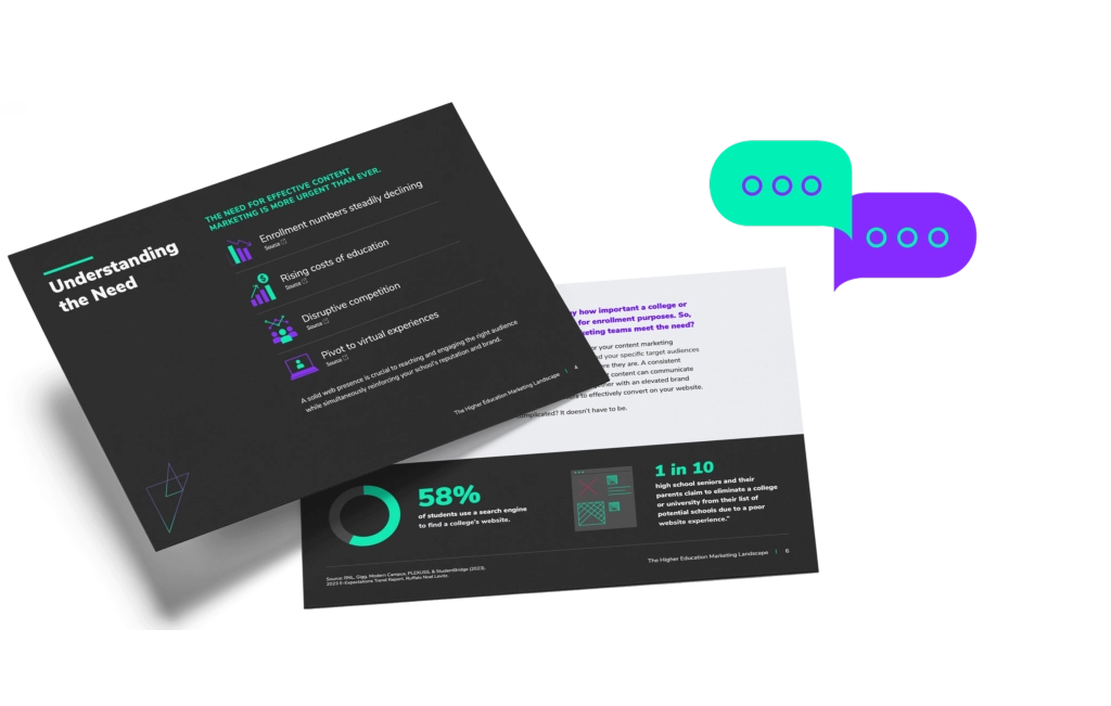 Presentation slides with the text 'Why Partner With Eastern Standard?' on a green background, alongside data and speech bubble icons.