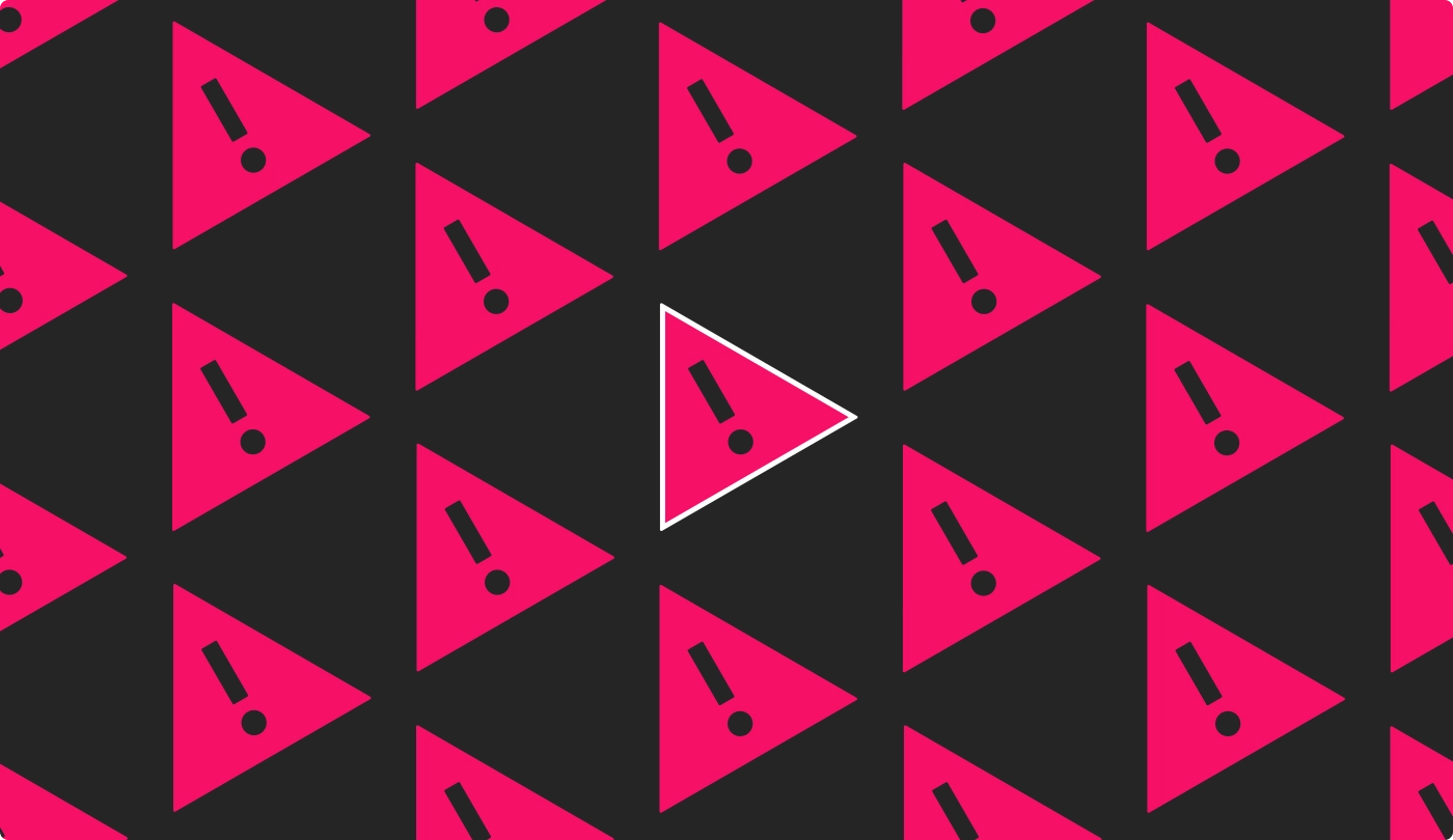 A pattern of bright pink warning triangles with exclamation marks on a dark background, with one triangle outlined in white, symbolizing digital credibility issues.