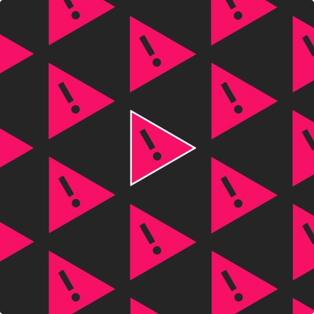 A pattern of bright pink warning triangles with exclamation marks on a dark background, with one triangle outlined in white, symbolizing digital credibility issues.