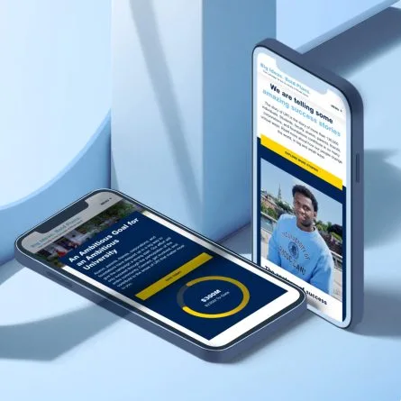 A digital mockup showcasing the University of Rhode Island fundraising website on mobile devices, featuring campaign progress and student success stories